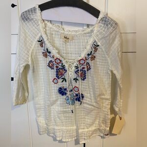 Vintage Hollister Ivory Sheer Embroidered 3/4 Sleeve Lace up Top. Small.